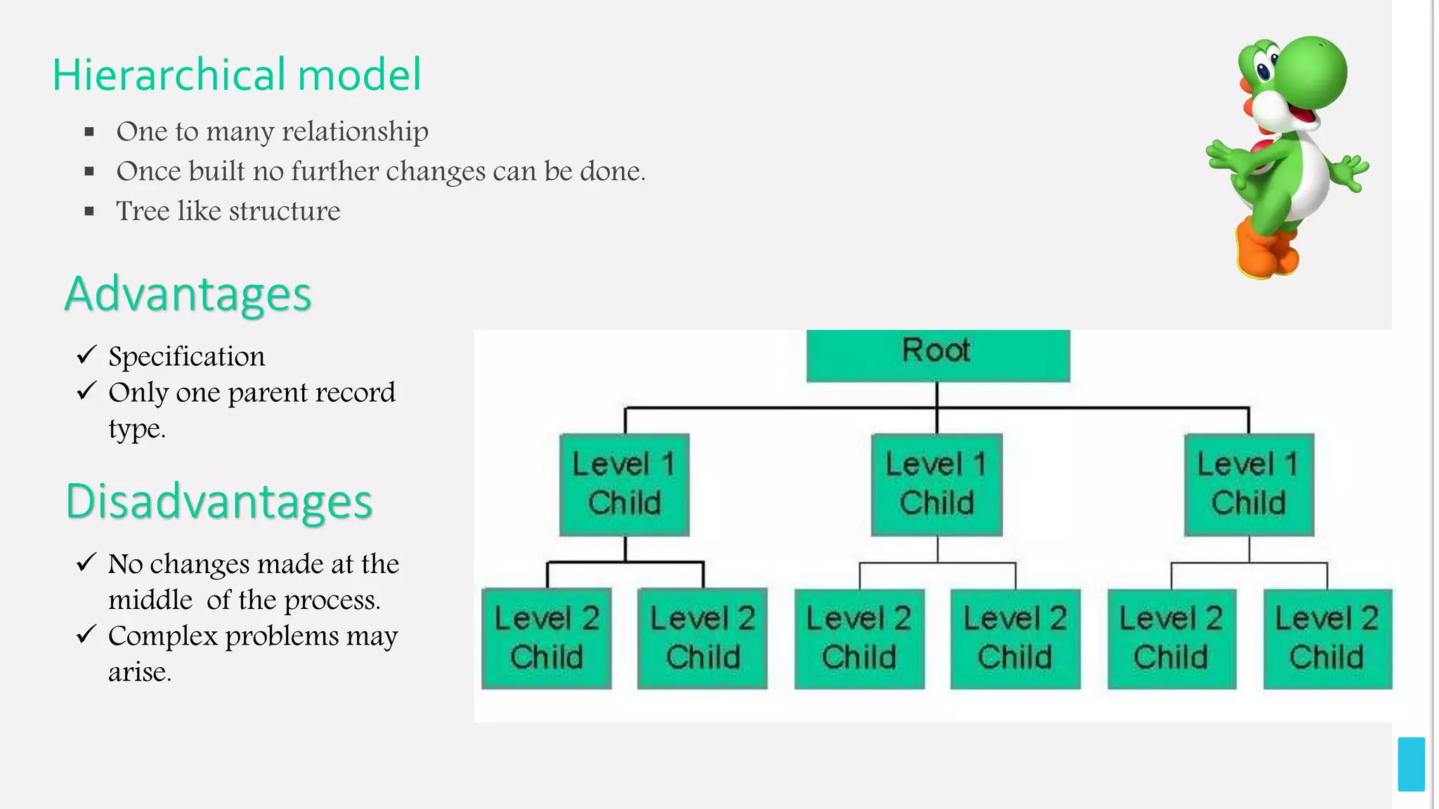 Hierarchical model
 One to many relationship
 Once built no further changes can be done.
 Tree like structure
Advantages
 Specification
 Only one parent record
type.
Disadvantages
 No changes made at the
middle of the process.
 Complex problems may
arise.
 