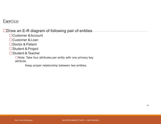 Exercise
Prof. Firoz ASherasiya #3130703 (DBMS) UNIT 2 – DATA MODELS
11
Draw an E-R diagram of following pair of entities
Customer &Account
Customer & Loan
Doctor & Patient
Student & Project
Student & Teacher
Note: Take four attributes per entity with one primary key
attribute.
Keep proper relationship between two entities.
 