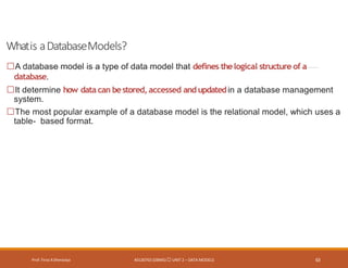 Whatis aDatabaseModels?
Prof. Firoz ASherasiya #3130703 (DBMS) UNIT 2 – DATA MODELS 63
A database model is a type of data model that defines thelogical structure of a
database.
It determine how datacan bestored, accessed andupdatedin a database management
system.
The most popular example of a database model is the relational model, which uses a
table- based format.
 