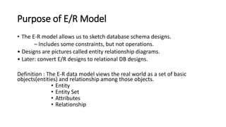 Purpose of E/R Model
• The E-R model allows us to sketch database schema designs.
– Includes some constraints, but not operations.
• Designs are pictures called entity relationship diagrams.
• Later: convert E/R designs to relational DB designs.
Definition : The E-R data model views the real world as a set of basic
objects(entities) and relationship among those objects.
• Entity
• Entity Set
• Attributes
• Relationship
 