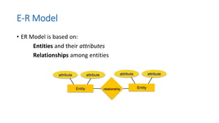 E-R Model
• ER Model is based on:
Entities and their attributes
Relationships among entities
 