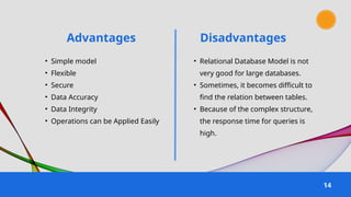Advantages
14
Disadvantages
• Simple model
• Flexible
• Secure
• Data Accuracy
• Data Integrity
• Operations can be Applied Easily
• Relational Database Model is not
very good for large databases.
• Sometimes, it becomes difficult to
find the relation between tables.
• Because of the complex structure,
the response time for queries is
high.
 