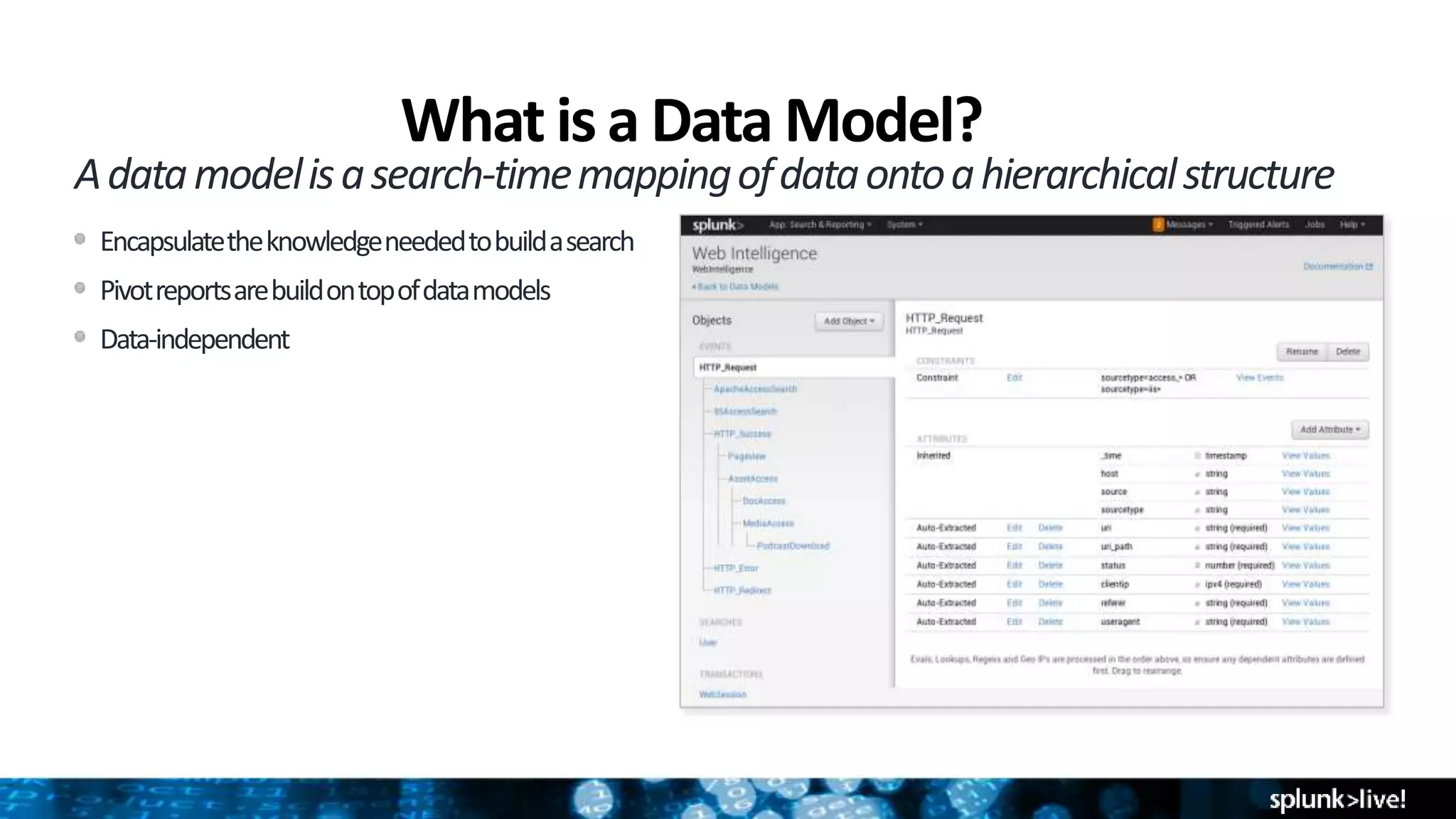 What is a Data Model?
Adatamodelisasearch-timemappingofdataontoahierarchicalstructure
Encapsulatetheknowledgeneededtobuildasearch
Pivotreportsarebuildontopofdatamodels
Data-independent
Screenshot here
 