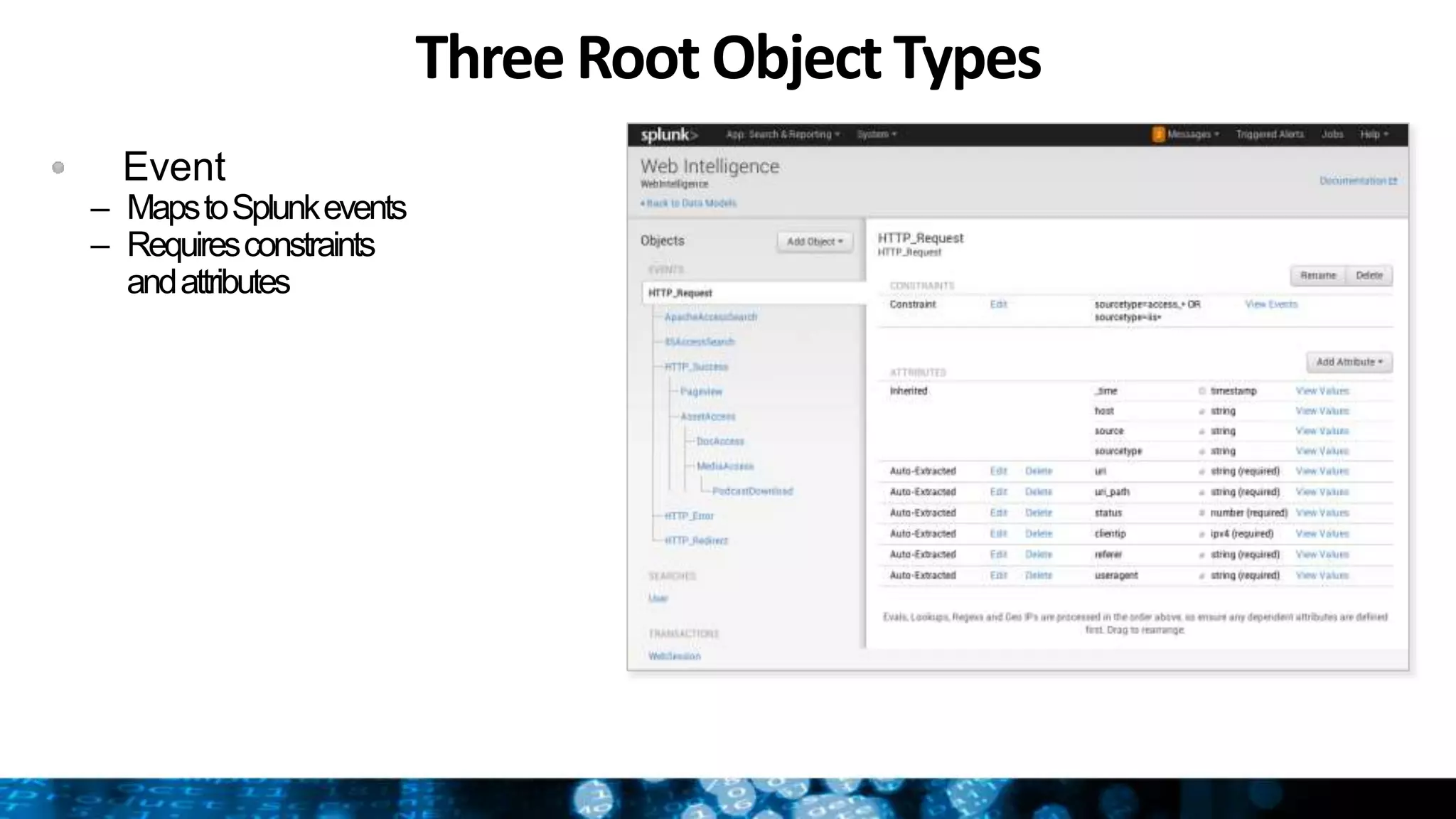 Three Root ObjectTypes
Event
– MapstoSplunkevents
– Requiresconstraints
andattributes
 