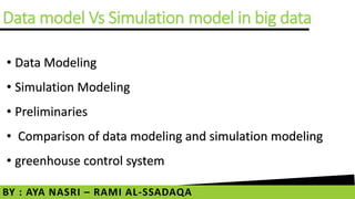 Data model Vs Simulation model in big data
• Data Modeling
• Simulation Modeling
• Preliminaries
• Comparison of data modeling and simulation modeling
• greenhouse control system
BY : AYA NASRI – RAMI AL-SSADAQA
 