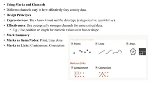 • Using Marks and Channels
• Different channels vary in how effectively they convey data.
• Design Principles
• Expressiveness: The channel must suit the data type (categorical vs. quantitative).
• Effectiveness: Use perceptually stronger channels for more critical data.
• E.g., Use position or length for numeric values over hue or shape.
• Mark Summary
• Marks as Items/Nodes: Point, Line, Area
• Marks as Links: Containment, Connection
 
