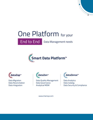One Platform for your
Data Management needs
End to End
www.chainsys.com
Data Migration
Data Reconciliation
Data Integration
Data Quality Management
Data Governance
Analytical MDM
Data Analytics
Data Catalog
Data Security & Compliance
 