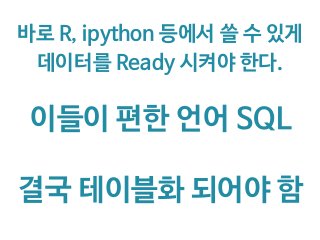 바로 R, ipython 등에서 쓸 수 있게
데이터를 Ready 시켜야 한다.
이들이 편한 언어 SQL
결국 테이블화 되어야 함
 