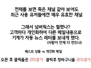 전체를 보면 죽은 채널 같아 보여도
최근 사용 유저들에겐 매우 유효한 채널
그래서 넘버웍스는 뭘했나?
고객마다 개인화하여 다른 메일내용으로
기계가 자동 뉴스 레터를 보내게 했다.
(사람이 언제 다 만드나)
오픈 후 클릭율은 21%증가 클릭후 장바구니율 25%증가
베스트 상품 vs 개인화 메일
 