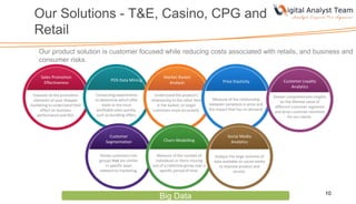 Our Solutions - T&E, Casino, CPG and
Retail
Our product solution is customer focused while reducing costs associated with retails, and business and
consumer risks.
10
Sales Promotion
Effectiveness
POS Data Mining Market Basket
Analysis
Price Elasticity
Customer
Segmentation
Customer Loyalty
Analytics
Big Data
Evaluate all the promotion
elements of your shopper
marketing to understand their
effect on business
performance and ROI.
Sales Promotion
Effectiveness
POS Data Mining
Market Basket
Analysis Price Elasticity Customer Loyalty
Analytics
Social Media
AnalyticsChurn Modelling
Customer
Segmentation
Conducting experiments
to determine which offer
leads to the most
profitable sales quickly,
such as bundling offers.
Understand the product’s
relationship to the other item
in the basket, to target
customers more accurately.
Measure of the relationship
between variations in price and
the impact that has on demand.
Deliver comprehensive insights
on the lifetime value of
different customer segments
and drive customer retention
for our clients.
Analyze the large volumes of
data available on social media
to improve product and
service.
Measure of the number of
individuals or items moving
out of a collective group over a
specific period of time.
Divide customers into
groups that are similar
in specific ways
relevant to marketing.
 