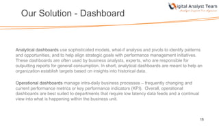 Our Solution - Dashboard
Analytical dashboards use sophisticated models, what-if analysis and pivots to identify patterns
and opportunities, and to help align strategic goals with performance management initiatives.
These dashboards are often used by business analysts, experts, who are responsible for
outputting reports for general consumption. In short, analytical dashboards are meant to help an
organization establish targets based on insights into historical data.
Operational dashboards manage intra-daily business processes – frequently changing and
current performance metrics or key performance indicators (KPI). Overall, operational
dashboards are best suited to departments that require low latency data feeds and a continual
view into what is happening within the business unit.
15
 