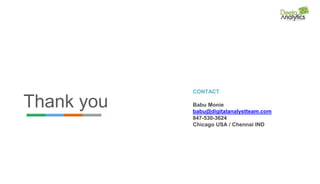Thank you
CONTACT
Babu Monie
babu@digitalanalystteam.com
847-530-3624
Chicago USA / Chennai IND
 