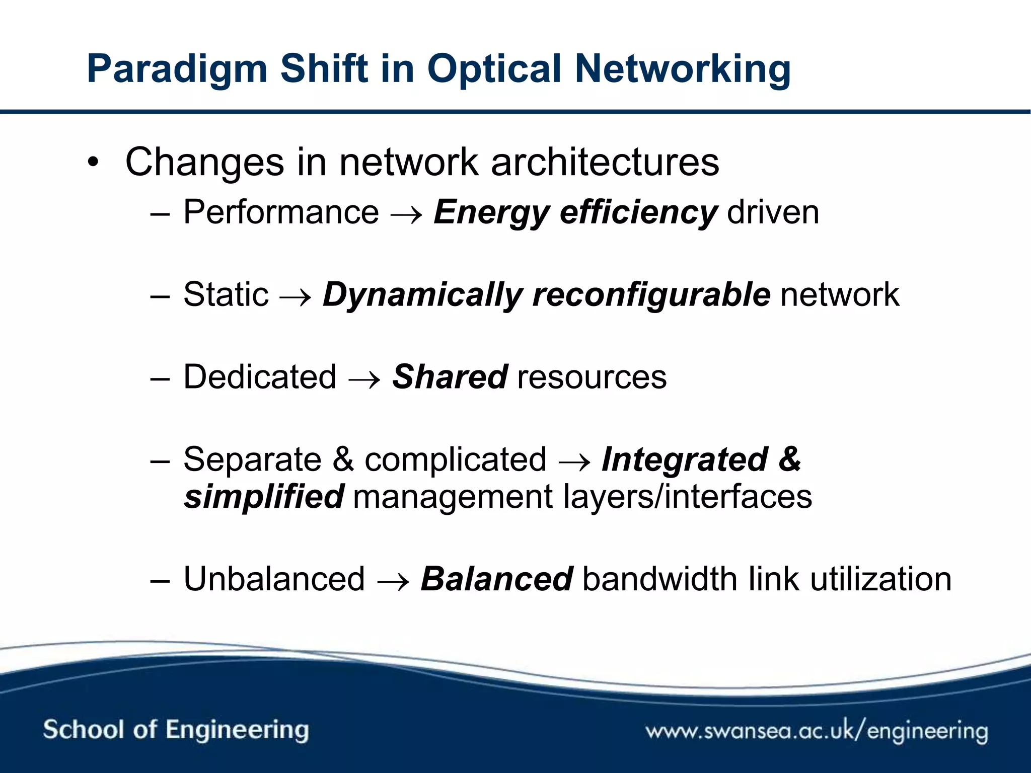 Paradigm Shift in Optical Networking
• Changes in network architectures
– Performance  Energy efficiency driven
– Static  Dynamically reconfigurable network
– Dedicated  Shared resources
– Separate & complicated  Integrated &
simplified management layers/interfaces
– Unbalanced  Balanced bandwidth link utilization
 