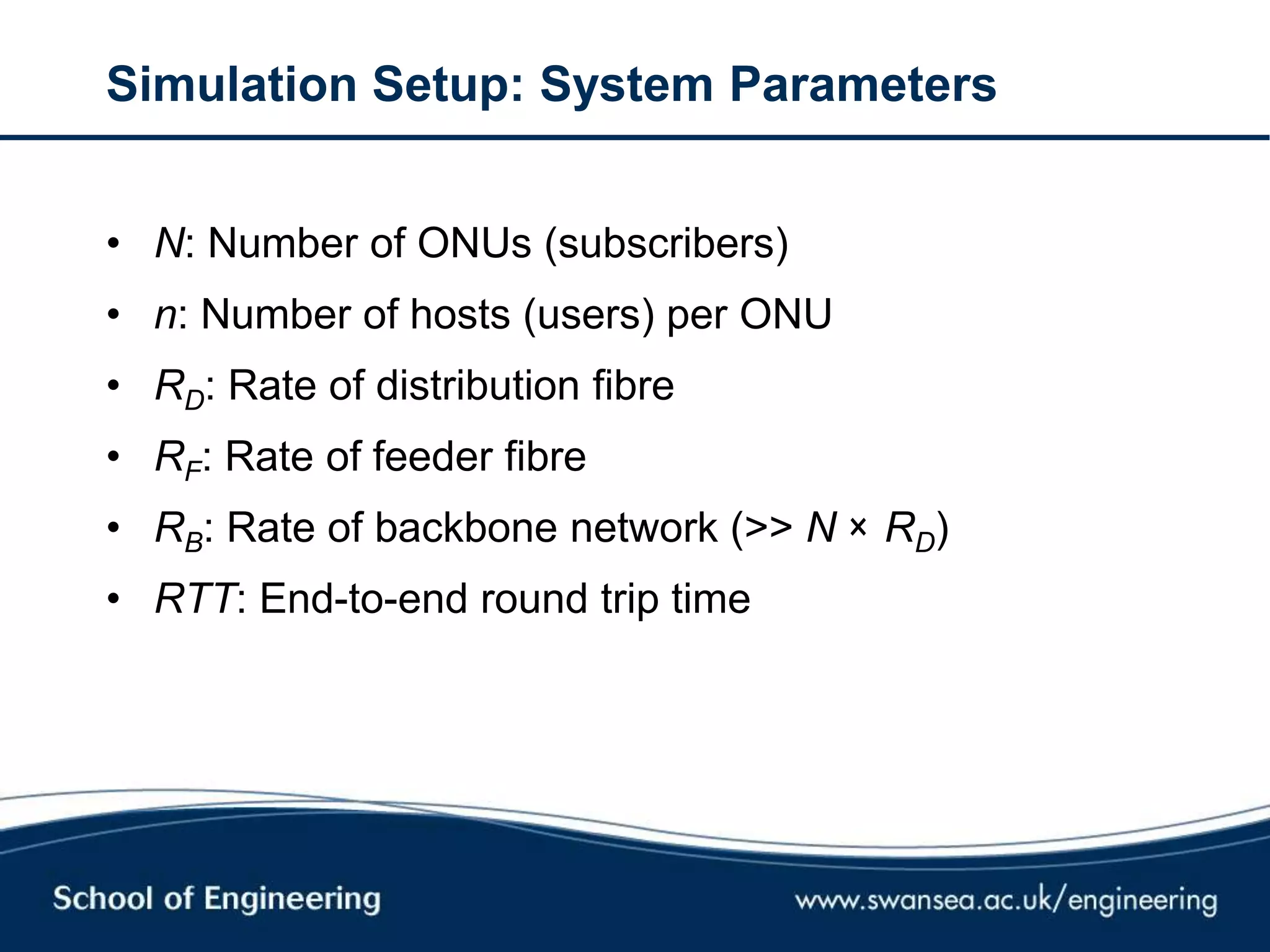 Simulation Setup: System Parameters
• N: Number of ONUs (subscribers)
• n: Number of hosts (users) per ONU
• RD: Rate of distribution fibre
• RF: Rate of feeder fibre
• RB: Rate of backbone network (>> N × RD)
• RTT: End-to-end round trip time
 