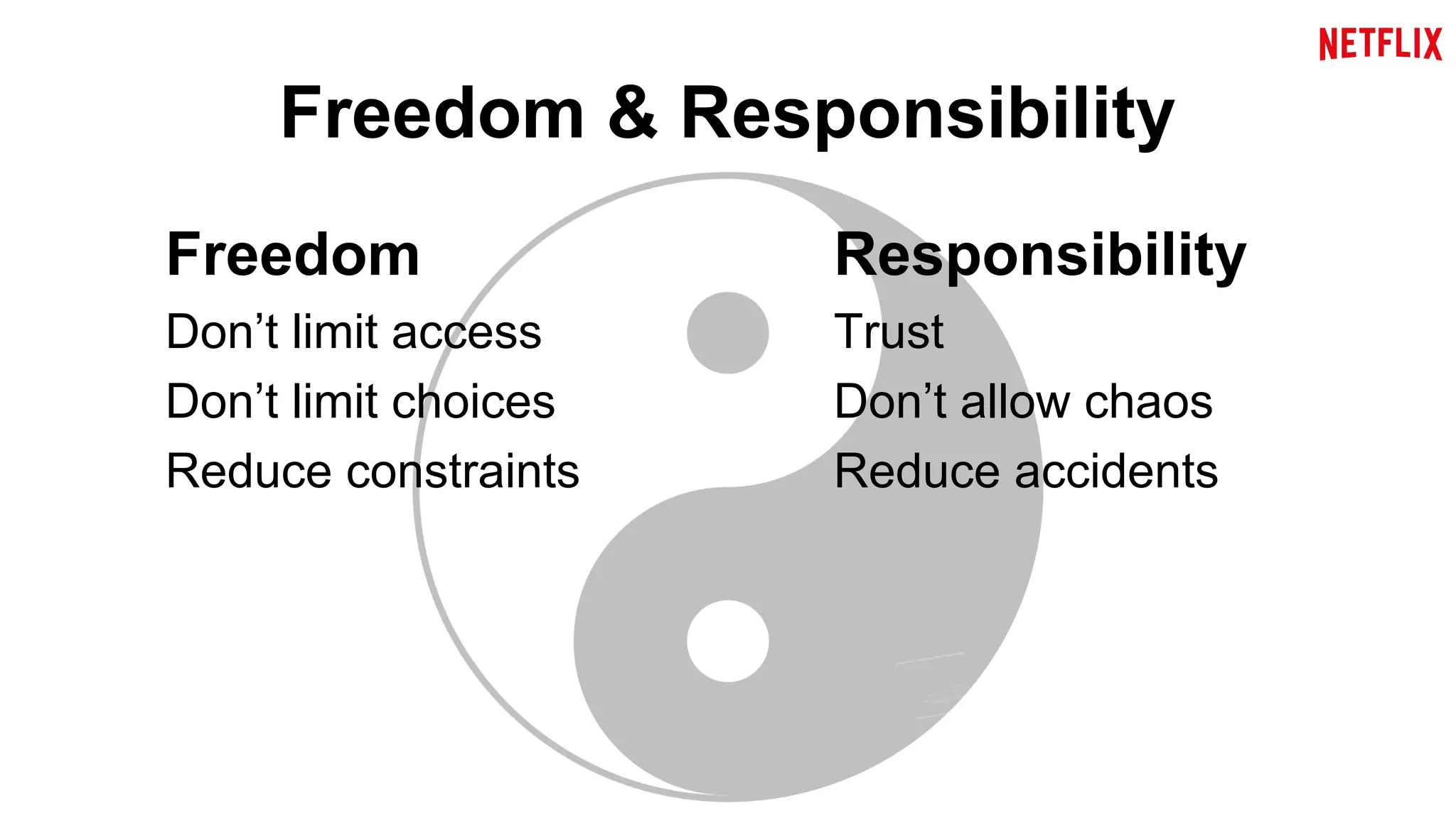 Freedom & Responsibility 
Freedom 
Don’t limit access 
Don’t limit choices 
Reduce constraints 
Responsibility 
Trust 
Don’t allow chaos 
Reduce accidents 
 