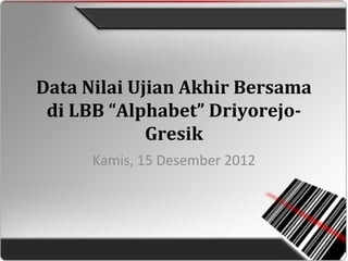 Data Nilai Ujian Akhir Bersama
di LBB “Alphabet” Driyorejo-
Gresik
Kamis, 15 Desember 2012
 