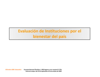 Evaluación de Instituciones por el
                           bienestar del país




©Octubre 2009 Datanalisis   Encuesta Nacional Ómnibus; 1.300 hogares; error muestral 2.72%.
                              Fecha de campo: del 23 de septiembre al 8 de octubre de 2009
 