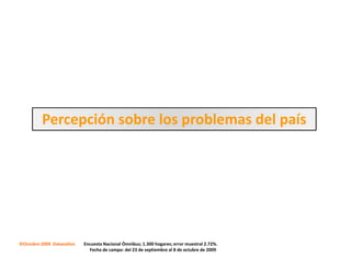 Percepción sobre los problemas del país




©Octubre 2009 Datanalisis   Encuesta Nacional Ómnibus; 1.300 hogares; error muestral 2.72%.
                              Fecha de campo: del 23 de septiembre al 8 de octubre de 2009
 