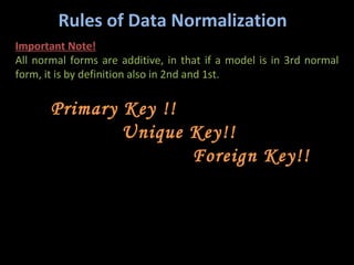 Important Note! All normal forms are additive, in that if a model is in 3rd normal form, it is by definition also in 2nd and 1st. Primary Key !! Unique Key!! Foreign Key!!  Rules of Data Normalization 