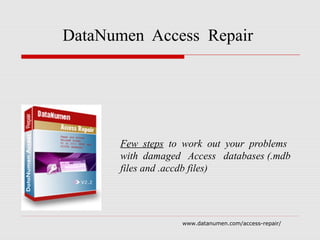 www.datanumen.com/access-repair/
DataNumen Access Repair
Few steps to work out your problems
with damaged Access databases (.mdb
files and .accdb files)
 