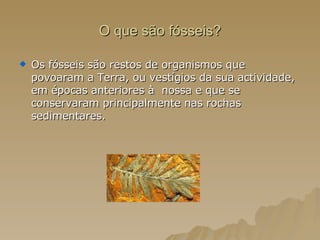 O que são fósseis? Os fósseis são restos de organismos que povoaram a Terra, ou vestígios da sua actividade, em épocas anteriores à  nossa e que se conservaram principalmente nas rochas sedimentares. 