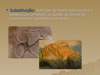 Substituição:   Este tipo de fossilização envolve a substituição completa, ou quase, de partes do organismo por substâncias minerais.  