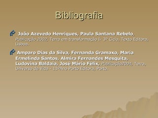 Bibliografia    João Azevedo Henriques, Paula Santana Rebelo ,   Publicação   2002,  Terra em transformação I- 3º Ciclo, Texto Editora, Lisboa.    Amparo Dias da Silva, Fernanda Gramaxo, Maria Ermelinda   Santos, Almira Fernandes Mesquita, Ludovina Baldaia, José Mário   Félix,   Publicação2004,  Terra, Universo de Vida - 11ºAno Porto Editora, Porto. 