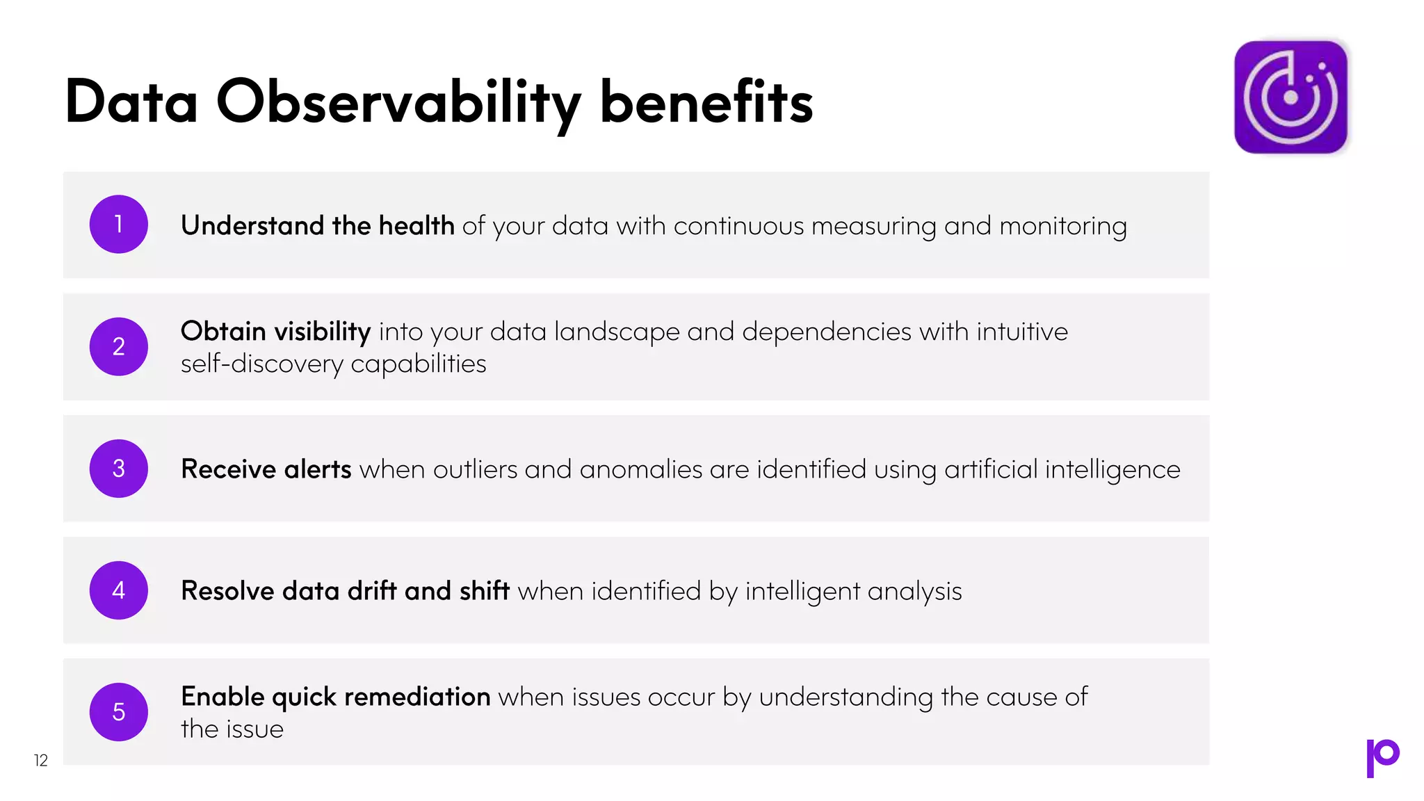 of your data with continuous measuring and monitoring
into your data landscape and dependencies with intuitive
self-discovery capabilities
when outliers and anomalies are identified using artificial intelligence
when identified by intelligent analysis
1
2
3
4
when issues occur by understanding the cause of
the issue
5
Data Observability benefits
12
 
