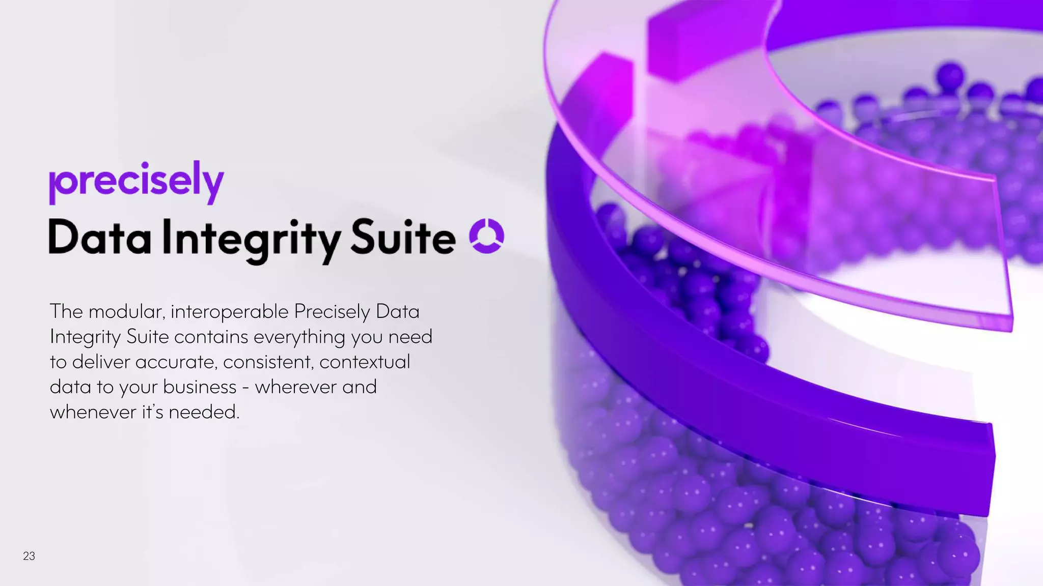 The modular, interoperable Precisely Data
Integrity Suite contains everything you need
to deliver accurate, consistent, contextual
data to your business - wherever and
whenever it’s needed.
23
 