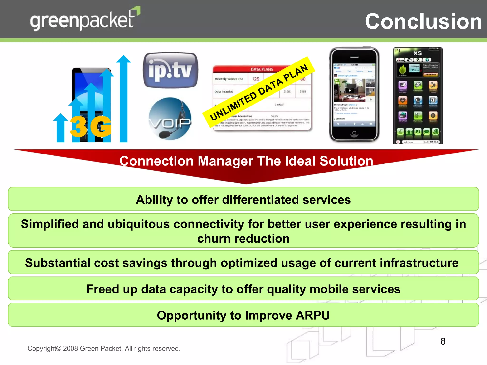 Simplified and ubiquitous connectivity for better user experience resulting in churn reduction Ability to offer differentiated services Opportunity to Improve ARPU Connection Manager The Ideal Solution Freed up data capacity to offer quality mobile services Substantial cost savings through optimized usage of current infrastructure  Conclusion UNLIMITED DATA PLAN 3G 