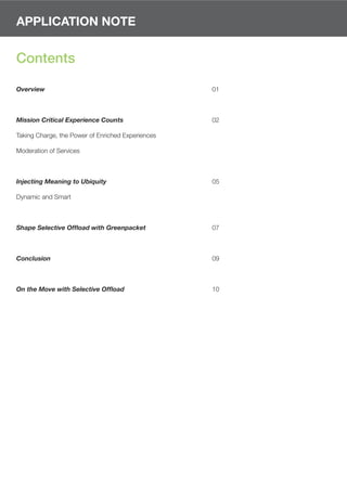 APPLICATION NOTE


Contents

Overview                                           01



Mission Critical Experience Counts                 02

Taking Charge, the Power of Enriched Experiences

Moderation of Services



Injecting Meaning to Ubiquity                      05

Dynamic and Smart



Shape Selective Offload with Greenpacket           07



Conclusion                                         09



On the Move with Selective Offload                 10
 