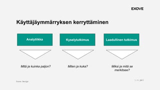 Exove Design
1.11.2017
3
Käyttäjäymmärryksen kerryttäminen
Kyselytutkimus
KyselytutkimusAnalytiikka Kyselytutkimus Laadullinen tutkimus
Mitä ja kuinka paljon? Miten ja kuka? Miksi ja mitä se
merkitsee?
 