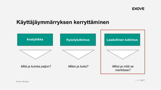 Exove Design
1.11.2017
4
Käyttäjäymmärryksen kerryttäminen
Kyselytutkimus
KyselytutkimusAnalytiikka Kyselytutkimus Laadullinen tutkimus
Mitä ja kuinka paljon? Miten ja kuka? Miksi ja mitä se
merkitsee?
 