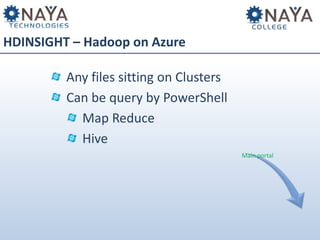 HDINSIGHT – Hadoop on Azure
Any files sitting on Clusters
Can be query by PowerShell
Map Reduce
Hive
Main portal

 