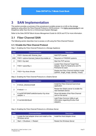 Data ONTAP 7G Cook Book

Data ONTAP 8.x 7-Mode Cook Book

3

SAN Implementation

This section provides a summary of the procedures to enable access to a LUN on the storage
appliance using either the Fibre Channel Protocol or iSCSI protocol. It is highly recommended to use
SnapDrive rather than the CLI or OnCommand System Manager.
Refer to the Data ONTAP Block Access Management Guide for iSCSI and FC for more information.

3.1 Fiber Channel SAN
The following section describes how to access a LUN using the Fibre Channel Protocol.

3.1.1 Enable the Fibre Channel Protocol
Step 1. Enabling the Fibre Channel Protocol on a Storage Appliance
Step
1

Command/Action

Description

FAS1> license add <license_key>

Add FCP License

FAS1> options licensed_feature.fcp.enable on

Required on FAS2040 systems

2

FAS1> fcp start

Start the FCP service

3

FAS1> sysconfig -v

Locate Fibre Channel Target Host
Adapter. Note FC Nodename and FC
Portname for each.

4

FAS1> fcp show cfmode

Display the Fibre Channel interface mode
(partner, single_image, standby, mixed)

AND

Step 2. Enabling the Fibre Channel Protocol on a Solaris Server
Step

Command/Action

Description

1

# /driver_directory/install

Install the Fibre Channel Card driver
application

2

# reboot -- -r

Restart the Solaris server to enable the
new hardware device

3

# /opt/NTAP/SANToolkit/bin/sanlun fcp show
adapter -v

Show full details of the Fibre Channel
card on the server

4

# /usr/sbin/lpfc/lputil

Light Pulse Common Utility to get
information regarding Emulux host
adapters.

Step 3. Enabling the Fibre Channel Protocol on a Windows Server
Step

Command/Action

Description

1

Locate the host adapter driver and install on the
Windows server

Install the Host Adapter driver

2

Start -> Shutdown -> Restart

Restart the Windows Server

Data ONTAP 8.x 7-Mode Cook Book v1_0.doc
11 September 2012

Page 21

 
