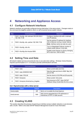 Data ONTAP 7G Cook Book

Data ONTAP 8.x 7-Mode Cook Book

4

Networking and Appliance Access

4.1 Configure Network Interfaces
Network interfaces are generally configured during initial setup in the setup wizard. Changes made on
the command line must be added to /etc/rc or will not persist across system reboots.
Step

Command/Action

Description

1

FAS1> ifconfig e3a netmask 255.255.252.0
192.168.17.58

Configure interface e3a with a netmask
and IP address.

2

FAS1> ifconfig e3a partner 192.168.17.59

Set the partner IP address for interface
e3a to takeover during a cluster failover.
Note: interface name can also be used

3

FAS1> ifconfig e3a nfo

Turn on Negotiated Failover monitor to
initiate cluster failover if e3a fails.

4

FAS1> ifconfig e3a mtusize 9000

Enable jumbo frames on e3a by changing
MTU size from 1500 to 9000.

4.2 Setting Time and Date
All network related services and protocols rely on accurate clock settings. Windows‟ Active Directory
requires synchronization of +/- 5 minutes to provide authentications services.
Step

Command/Action

Description

1

FAS1> date

Show current date and time

2

FAS1> date 200905031847

Sets the date and time to 2009 May 3rd
at 6:47 PM

FAS1> date 1753.26

Set the clock to 5:53 PM and 26 seconds

3

FAS1> timezone

Show current time zone

4

FAS1> timezone America/Los_Angeles

Set timezone to PST. Data ONTAP
Software Setup Guide lists the time zones

4.2.1 Synchronize with a time server
Option

Default

Description

timed.enable

Off

Set to on to enable the timed daemon

timed.servers

Null

Add comma separated list of IP addresses or
hostnames of NTP or rdate servers

4.3 Creating VLANS
This section describes the process of spanning an interface across multiple networks or sub-domains
with a VLAN. Refer to the Data ONTAP Network Management Guide for more information.

Data ONTAP 8.x 7-Mode Cook Book v1_0.doc
11 September 2012

Page 28

 