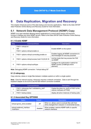 Data ONTAP 7G Cook Book

Data ONTAP 8.x 7-Mode Cook Book

6

Data Replication, Migration and Recovery

This chapter introduces some of the data backup and recovery applications. Refer to the Data ONTAP
Data Protection Online Backup and Recovery Guide for more information.

6.1 Network Data Management Protocol (NDMP) Copy
NDMP is an open standard allowing backup applications to control native backup and recovery
function in NetApp and other NDMP servers. Refer to the Data ONTAP Data Protection Online Backup
and Recovery Guide for more information.

6.1.1 Enable NDMP
Step

Command/Action

Description

1

FAS1> ndmpd on
OR
FAS1> options ndmpd.enable on

Enable NDMP on the system

2

FAS1> options ndmpd.connectlog.enable on

Enables logging all NDMP connections to
/etc/messages for security purposes

3

FAS1> options ndmpd.access host=10.20.20.16

List the hosts that may access the FAS
via NDMP

4

FAS1> options ndmpd.authtype

Configure the authorisation method for
NDMP access (Challenge and/or
plaintext)

Note: Debugging NDMP connection: "ndmpd debug 50"

6.1.2 ndmpcopy
Copy volumes, qtrees or single files between multiples systems or within a single system.
Note: Even for internal copying, ndmpcopy requires a network connection. Data is sent through the
loopback adapter so be sure to use the fast network connection available.
Step

Command/Action

Description

1

FAS1> ndmpcopy fas1:/vol/data/my_stuff
fas2:/vol/users/

Copies the qtree my_stuff on FAS1 to the
volume /vol/users on FAS2

2

FAS1> backup status

display all active instances of backup jobs

6.1.3 Associated Key OPTIONS
Option
ndmpd.ignore_ctime.enabled
ndmpd.preferred_interface
<interface>

Data ONTAP 8.x 7-Mode Cook Book v1_0.doc
11 September 2012

Default
off
disabled

Description
When on, allows users to exclude files with their
ctime changed from inclusion in incremental dumps.
When enabled, restricts NDMP traffic to specific
network interfaces

Page 43

 