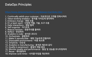 DataOps Principles
https://www.dataopsmanifesto.org/dataops-manifesto.html
1. Continually satisfy your customer - 지속적으로 고객을 만족시켜라
2. Value working analytics - 분석을 가치있게 생각하라
3. Embrace change - 변화 수용
4. It's a team sport - 다양한 역할, 기술, 도구 수용
5. Daily interactions - 매일 협력
6. Self-organize - 자기주도
7. Reduce heroism - 영웅주의를 줄여라
8. Reflect - 반성하라
9. Analytics is code - 분석은 코드다
10. Orchestrate - 결합하라
11. Make it reproducible - 재현 가능하게 만들어라
12. Disposable environments - 비용 최소화
13. Simplicity - 단순성
14. Analytics is manufacturing - 분석은 제조와 같다
15. Quality is paramount - 품질이 제일 중요
16. Monitor quality and performance - 품질 및 성능을 모니터링하라
17. Reuse - 재사용하라
18. Improve cycle times - 사이클 타임을 개선하라
 