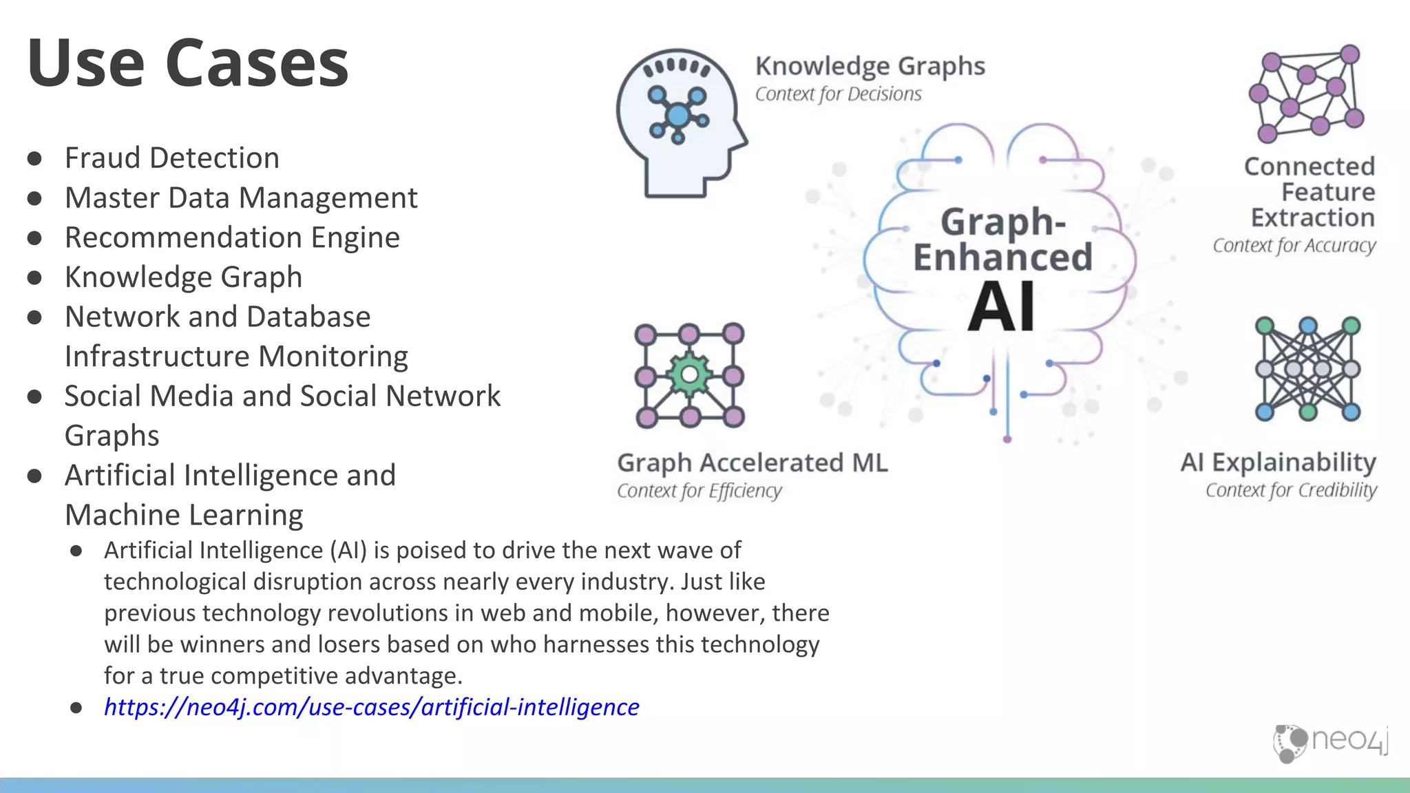 ● Fraud Detection ● Master Data Management ● Recommendation Engine ● Knowledge Graph ● Network and Database Infrastructure Monitoring ● Social Media and Social Network Graphs ● Artificial Intelligence and Machine Learning ● Artificial Intelligence (AI) is poised to drive the next wave of technological disruption across nearly every industry. Just like previous technology revolutions in web and mobile, however, there will be winners and losers based on who harnesses this technology for a true competitive advantage. ● https://neo4j.com/use-cases/artificial-intelligence Use Cases 