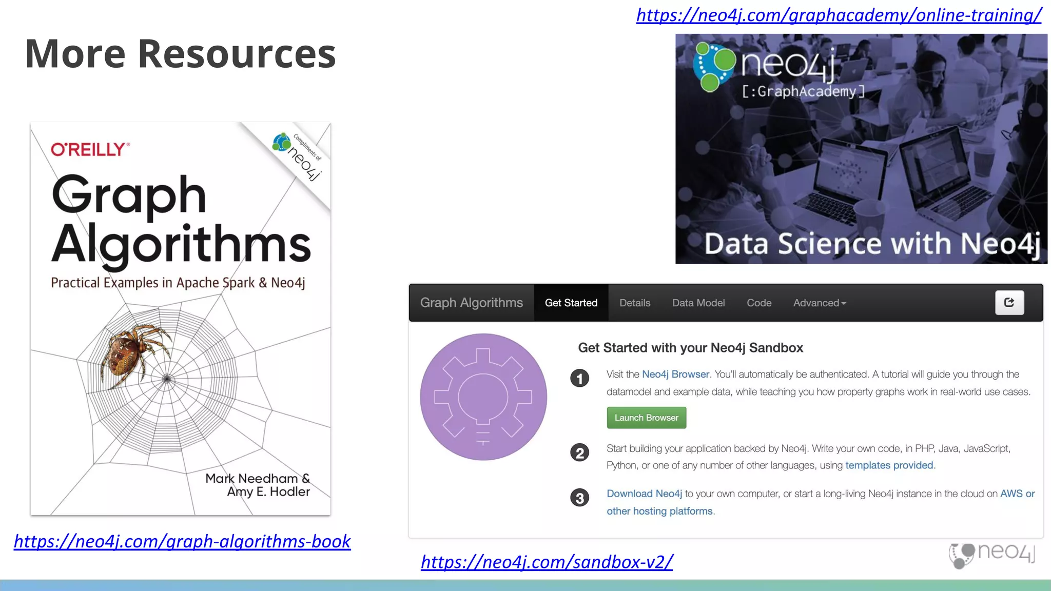 More Resources https://neo4j.com/sandbox-v2/ https://neo4j.com/graph-algorithms-book https://neo4j.com/graphacademy/online-training/ 