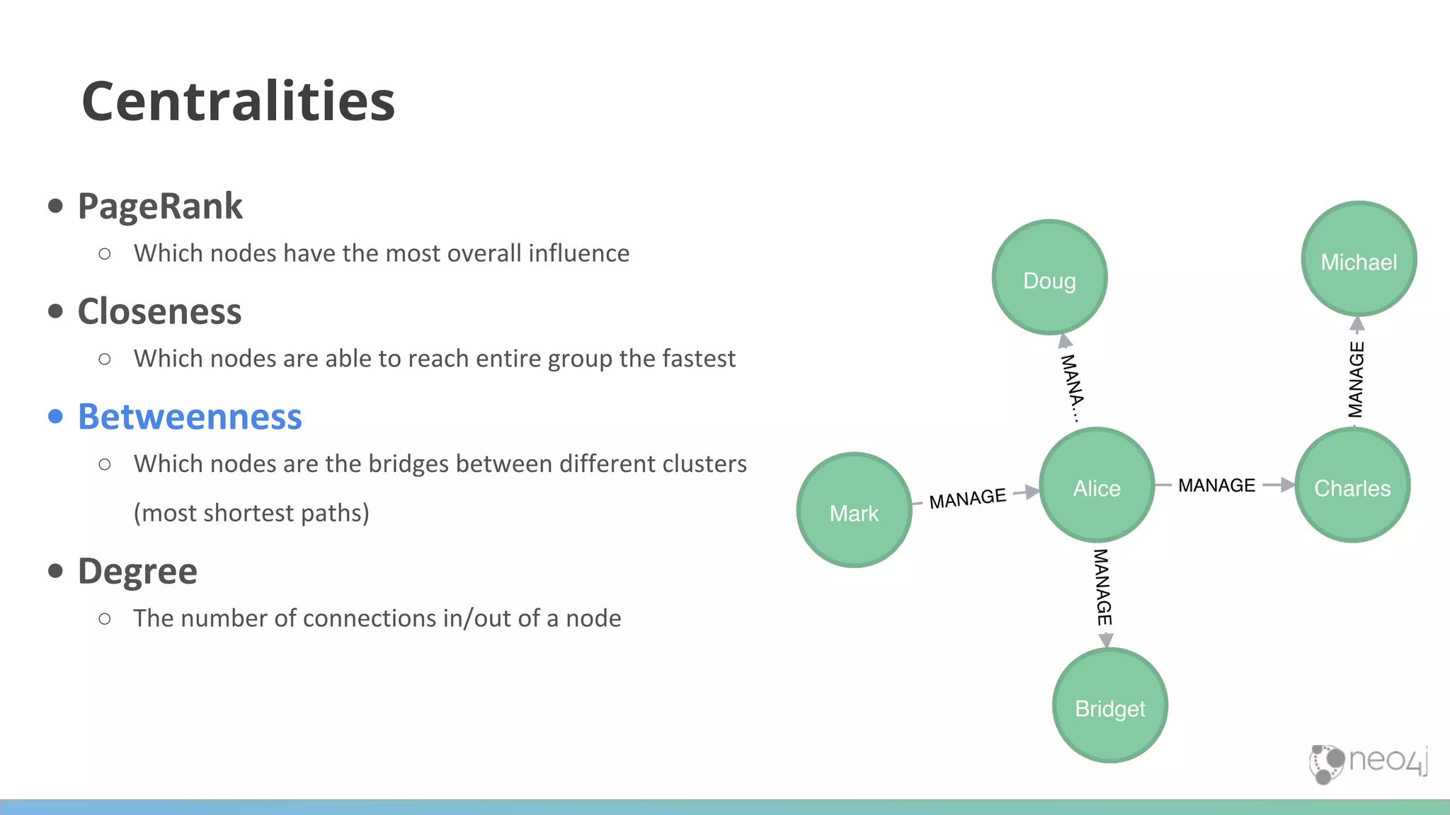 Centralities • PageRank ○ Which nodes have the most overall influence • Closeness ○ Which nodes are able to reach entire group the fastest • Betweenness ○ Which nodes are the bridges between different clusters (most shortest paths) • Degree ○ The number of connections in/out of a node 
