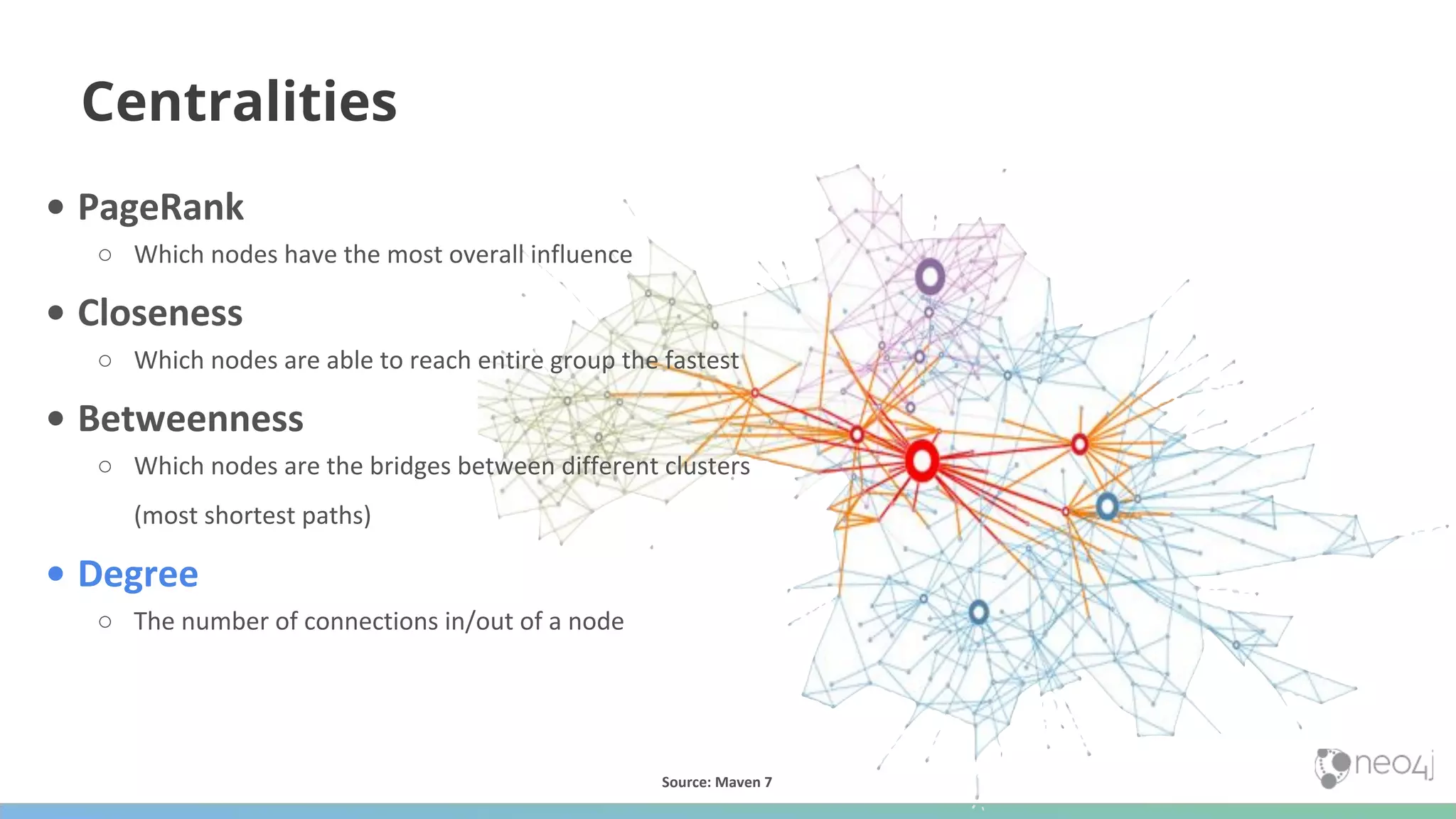 Source: Maven 7 Centralities • PageRank ○ Which nodes have the most overall influence • Closeness ○ Which nodes are able to reach entire group the fastest • Betweenness ○ Which nodes are the bridges between different clusters (most shortest paths) • Degree ○ The number of connections in/out of a node 