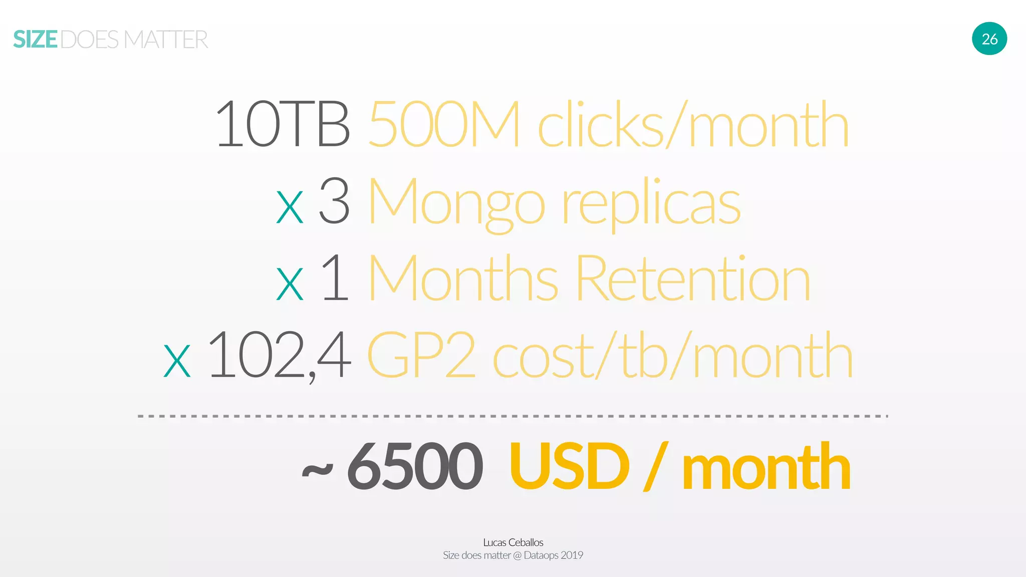 Lucas Ceballos
Size does matter@ Dataops 2019
SIZEDOESMATTER 26
10TB
x 3
x 1
x 102,4
500M clicks/month
Mongo replicas
Months Retention
GP2 cost/tb/month
~6500 USD/month
 