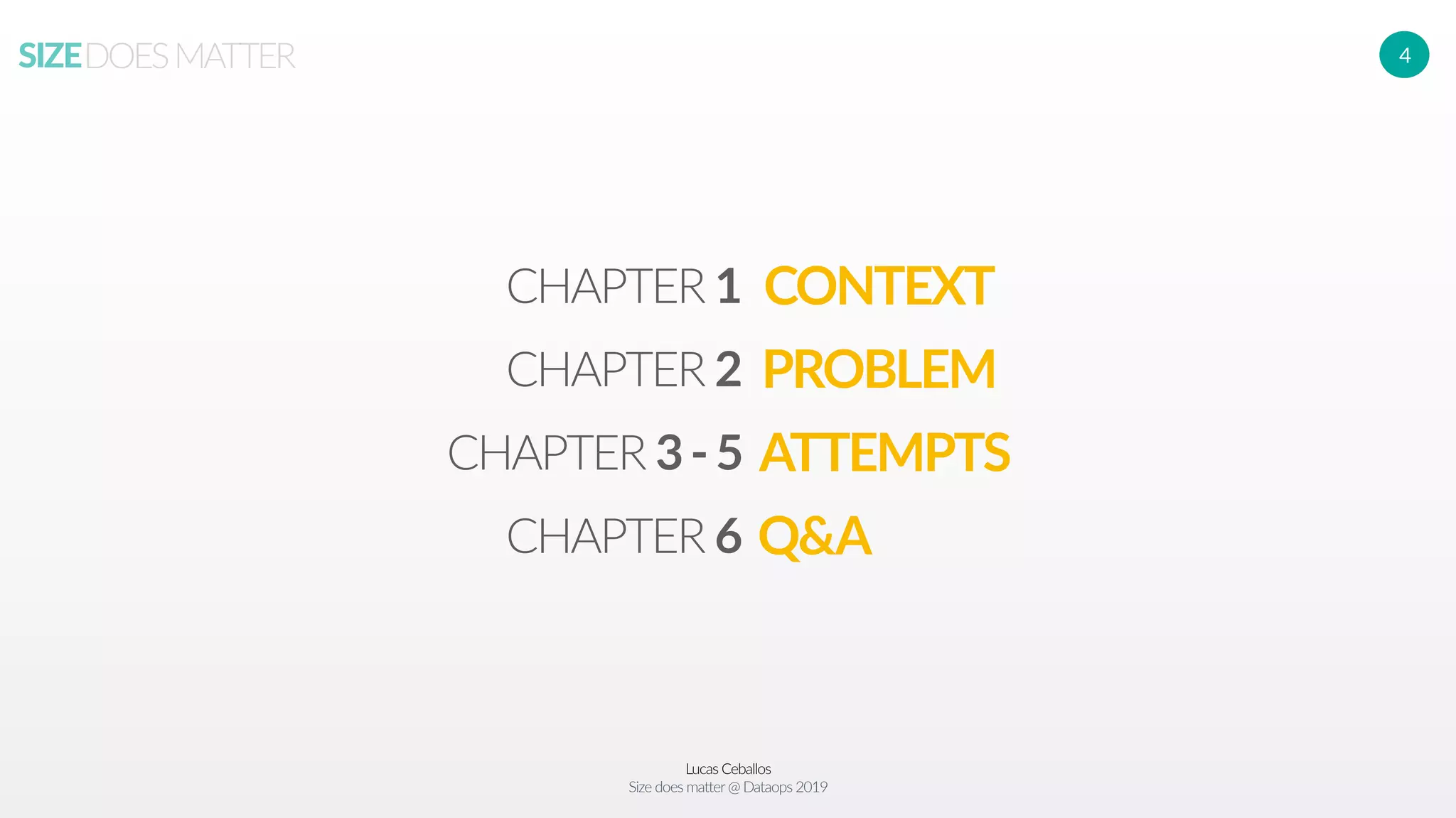 Lucas Ceballos
Size does matter@ Dataops 2019
SIZEDOESMATTER 4
CHAPTER 1
CHAPTER 2
CHAPTER 3-5
CHAPTER 6
CONTEXT
PROBLEM
ATTEMPTS
Q&A
 