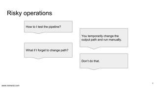 www.mimeria.com
Risky operations
4
How to I test the pipeline?
You temporarily change the
output path and run manually.
Don’t do that.
What if I forget to change path?
 