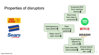 www.mimeria.com
Properties of disruptors
7
Sustained ROI
from machine
learning
Short time
from idea to
production
Homogeneous
data platform
Data internally
democratised
Major cloud +
open source
Organisation
aligned by
use case
Data
processing
pipelines
Diverse teams:
data science,
dev, ops
 