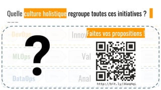 Quelle culture holistique regroupe toutes ces initiatives ?
Develop Build Test ReleaseNeeds Deploy
Applicatio
n
Operated
Develop Training Test Evaluate
Extract Prepare Analyse Storage
Analys
is
ReleaseValue
Publish
Dataset
Exposed
Models
Optimized
Driven by :
MLOps
DevOps
DataOps
Innovation Pipeline
Value Pipeline
Analytics Pipeline
Faites vos propositions !
http://bit.ly/36eqHqL
 