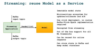 Streaming: reuse Model as a Service
Immutable model state
Microservices ecosystem for
updates/rollbacks and A/B
One click deployment, no custom
Kafka-Flink-Spark implementation
required
Decoupled from streaming
Out of the box support for all
ML frameworks
Can be reused for online
requests
Can store state in Kafka and
keep model stateless
 