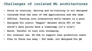 Challenges of isolated ML architectures
- Focus on training. Serving and re-training is not designed
- Isolated from the rest of the applications and the team
- Offline. Turning into interactive multi-tenant is a pain
- Designed for static “Kaggle” dataset while 90% of the
world’s data points have a timestamp (it’s live!)
- Batch. Painful to turn into streaming.
- For internal use. No SLA to support real production users
- Plan to throw one away - PoC mode, not designed for QA
 