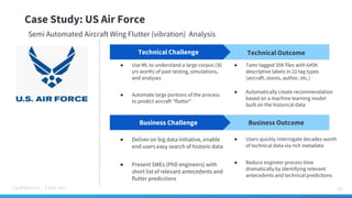 Confidential – Tamr, Inc.
Case Study: US Air Force
29
Semi Automated Aircraft Wing Flutter (vibration) Analysis
Technical Outcome
Business Outcome
Technical Challenge
Business Challenge
● Use ML to understand a large corpus (30
yrs worth) of past testing, simulations,
and analyses
● Automate large portions of the process
to predict aircraft "flutter”
● Users quickly interrogate decades worth
of technical data via rich metadata
● Reduce engineer process time
dramatically by identifying relevant
antecedents and technical predictions
● Deliver on big data initiative, enable
end users easy search of historic data
● Present SMEs (PhD engineers) with
short list of relevant antecedents and
flutter predictions
● Tamr tagged 35K files with 645K
descriptive labels in 22 tag types
(aircraft, stores, author, etc.)
● Automatically create recommendation
based on a machine learning model
built on the historical data
 